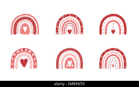 Set di arcobaleni di San Valentino con cuori. Elementi della clipart romantici in stile boho. Illustrazione vettoriale infantile per poster, adesivi, tessuti, logo Illustrazione Vettoriale