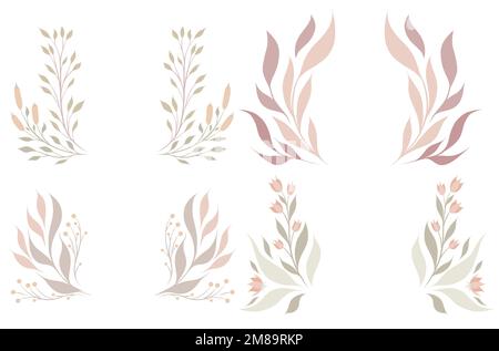 Set vettoriale di corone di delicati ramoscelli e steli con fogliame. Collezione di cornici naturali in colori pastello per loghi, inviti e biglietti. Illustrazione Vettoriale