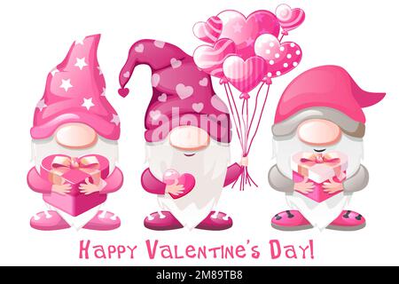 Simpatici gnomi di San Valentino con regali. Buon San Valentino Illustrazione Vettoriale