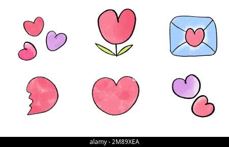 Set di forme di acquerello a cuore rosa e rosso. Illustrazione vettoriale disegnata a mano. Verniciato con vernici ad acqua. Illustrazione Vettoriale