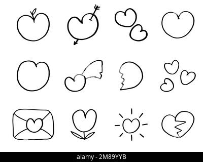 Set vettoriale di cuore disegnato a mano. Icone di linea per San Valentino. Illustrazione Vettoriale