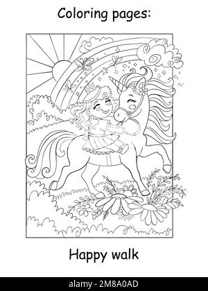 Carino principessa cavalca un unicorno in un prato di fiori. Pagina libro da colorare per bambini. Illustrazione del cartoon vettoriale su sfondo bianco. Disegno lineare. Per Illustrazione Vettoriale