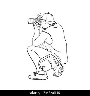 line art vista posteriore del fotografo maschile scatto con fotocamera dslr illustrazione vettore disegnato a mano isolato su sfondo bianco Illustrazione Vettoriale