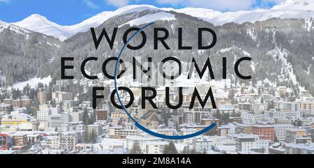 Logo del WEF (World Economic Forum), sullo sfondo Davos (composizione) Foto Stock