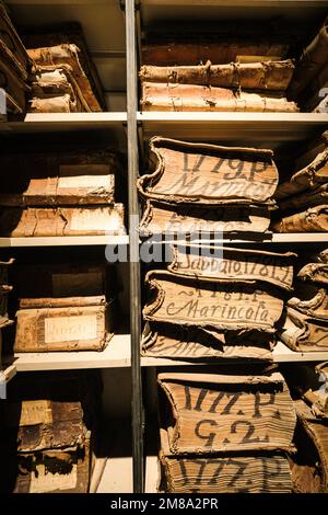 Una vista dettagliata e ravvicinata di vecchi libri di registrazione ingialliti, seppia e libri contabili. Presso il Museo dell'Archivio storico del Banco di Napoli, la Banca di Napoli Foto Stock