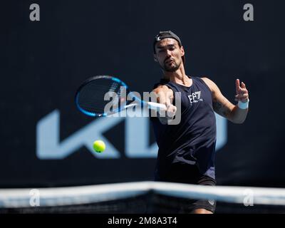 Melbourne Park 13/1/2023. Fabio FOGNINI (ITA) in azione durante le prove al 2023° Australian Open. Corleve/Alamy Live News Foto Stock