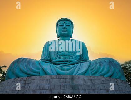 Statua del Grande Buddha o Kamakura Daibutsu al tramonto. Le scale ornate del tempio. Famosa grande statua di Buddha all'interno del tempio di Wat Phra That Doi Phra Chan. Foto Stock