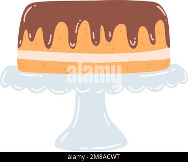 Torta su un piedistallo in stile piatto. Illustrazione vettoriale disegnata a mano di torta al cioccolato con crema, dessert dolce, pasticceria Illustrazione Vettoriale