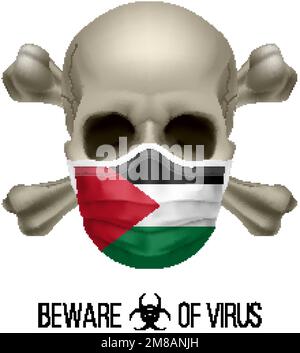 Cranio umano con ossa incrociate e maschera chirurgica nel colore della Palestina bandiera nazionale. Maschera sotto forma di bandiera palestinese e cranio come concetto di di Illustrazione Vettoriale