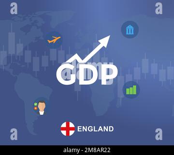 Prodotto interno lordo (PIL) dell'Inghilterra logo e logo di mappa. Crescita economica del pil prodotto interno. Economia globale, bilancio nazionale, recessione. Illustrazione Vettoriale