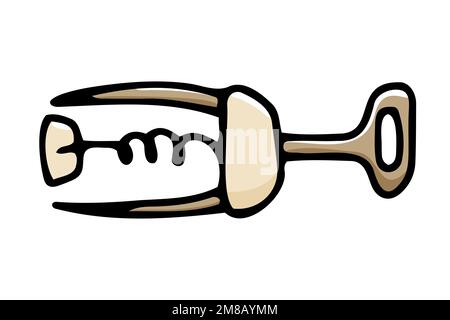 Immagine apribottiglie a doodle. Cavatappi Wing di colore beige isolato su sfondo bianco. Utensili da cucina disegnati a mano, stoviglie per bevande, piatti per dri Illustrazione Vettoriale
