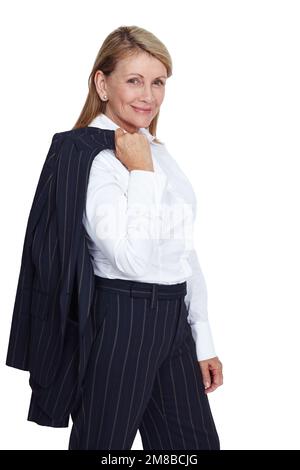 CEO, manager e ritratto di una donna d'affari che si pone in modo elegante, elegante e aziendale con sorriso. Professionale abbigliamento di affari di sicuro e. Foto Stock