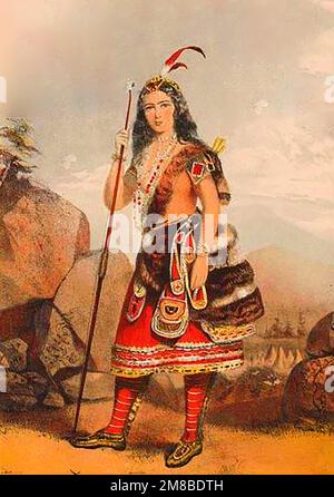 Un'illustrazione a 1866 colori di Minnehaha squaw compagno immaginario dell'indiano americano Hiawatha (co-fondatore della Confederazione Iroquois) . Fu anche conosciuto come Ayenwathaaa o Aionwatha, la coppia apparve nel poema epico del 1855 di Henry Wadsworth Longfellow, la canzone di Hiawatha. Foto Stock