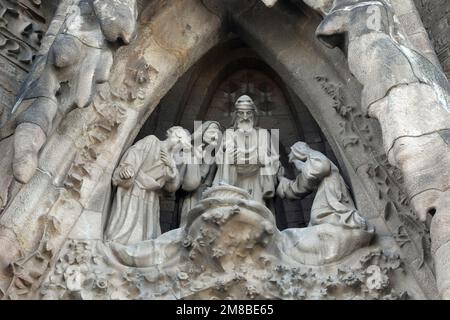 Sculture sulla Natività sulla Sagrada Familia a Barcellona Foto Stock