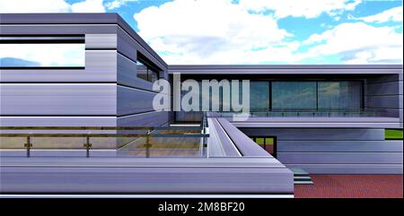 Recinzione in vetro dell'elegante balcone con pareti in alluminio e tende bianche dietro grandi porte panoramiche in vetro. rendering 3d. Foto Stock