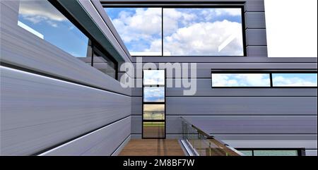 Balcone compatto ma molto elegante con ringhiera in vetro e porta. Facciata composita estetica rivestita con film di alluminio. rendering 3d. Foto Stock