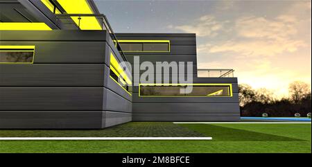 Vista notturna della casa suburbana di classe media con illuminazione gialla costruita sul meraviglioso prato verde. rendering 3d. Foto Stock