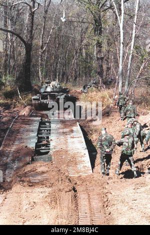 Un carro M-60A1 di 2nd carro armato, 2nd divisione Marine, attraversa un ponte tattico durante l'esercizio di servizi congiunti Solid Shield '89. Soggetto operativo/Serie: SOLID SHIELD '89 base: Marine Corps base, Camp Lejeune Stato: North Carolina (NC) Paese: Stati Uniti d'America (USA) Foto Stock