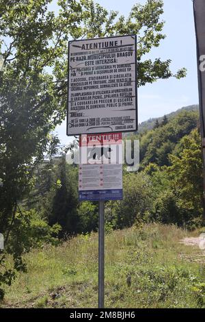 Segnale di avvertimento contro gli orsi (in rumeno) sul Monte Tampa a Brașov, Romania Foto Stock