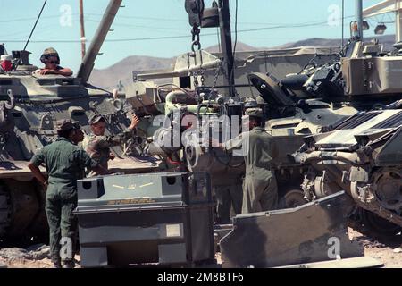 I soldati della Divisione di Fanteria 24th (meccanizzata) guardano i progressi di un gruppo di potenza che viene sollevato dalla sua cassa di imballaggio da un veicolo di recupero blindato M-88 al termine della rotazione della loro unità al Centro Nazionale di addestramento. Base: Fort Irwin Stato: California (CA) Nazione: Stati Uniti d'America (USA) Foto Stock