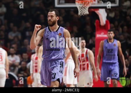 Belgrado, Serbia, 10 gennaio 2023. Sergio Rodriguez del Real Madrid reagisce durante la partita Eurolega della Turkish Airlines del 2022/2023 tra Crvena Zvezda MTS Belgrado e Real Madrid alla Aleksandar Nikolic Hall di Belgrado, in Serbia. Gennaio 10, 2023. Credito: Nikola Krstic/Alamy Foto Stock