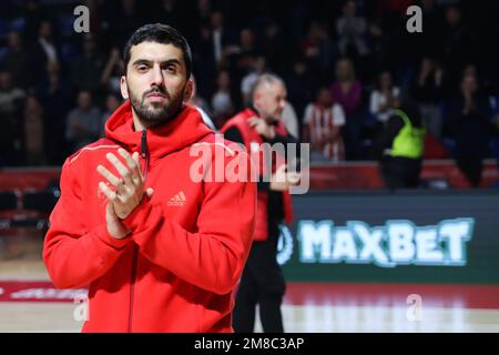 Belgrado, Serbia, 10 gennaio 2023. Facundo Campazzo di Crvena Zvezda MTS Belgrado reagisce durante la partita Eurolega della Turkish Airlines del 2022/2023 tra Crvena Zvezda MTS Belgrado e Real Madrid presso Aleksandar Nikolic Hall di Belgrado, Serbia. Gennaio 10, 2023. Credito: Nikola Krstic/Alamy Foto Stock