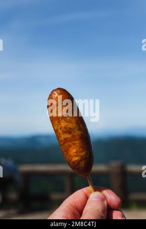 Mano che tiene la salsiccia tradizionale tailandese (salsiccia Isaan) al punto panoramico con sfondo blu cielo Foto Stock