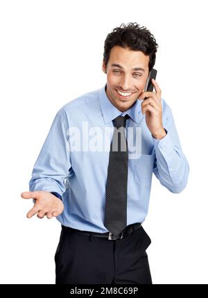 Telefono, avvocato aziendale e maschile in uno studio di consulenza, parlare o parlare su un cellulare. Felice, sorriso e uomo d'affari che ha una conversazione su un Foto Stock