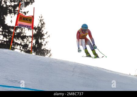 Wengen, Svizzera, 13/01/2023, 2023 FIS ALPINE WORLD CUP SKI , SG MEN&#XA;Wengen, Swiss, sui&#XA;2023-01-13 - Venerdì&#XA;immagini Mostra ROGENTIN Stefan (sui) SECONDO CLASSIFICATO Foto Stock