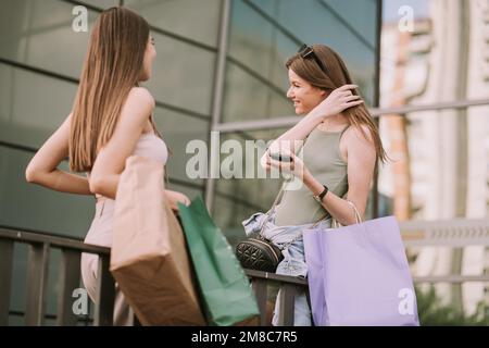 Due ragazze graziose che appoggiano sul recinto mentre una di loro sta toccando i suoi capelli Foto Stock