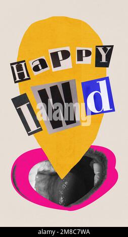 Collage creativo e colorato di arte moderna. Donna che urla bocca e lettere. Concetto di vacanza estiva primaverile, giorno della donna, bellezza. Poster in finitura Foto Stock