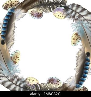 Belle piume e uova con macchie e strisce in un armonioso schema colore di toni contenuti in varie composizioni Foto Stock