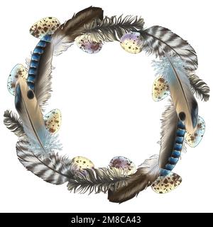 Belle piume e uova con macchie e strisce in un armonioso schema colore di toni contenuti in varie composizioni Foto Stock