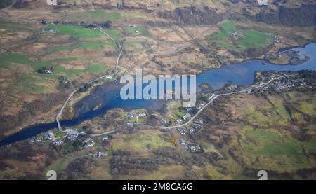 Il ponte sull'Atlantico, Clachan Seil, Isola di Seil, Argyll, Scozia. Ripresa scattata da un aereo Foto Stock
