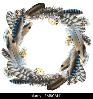 Belle piume e uova con macchie e strisce in un armonioso schema colore di toni contenuti in varie composizioni Foto Stock