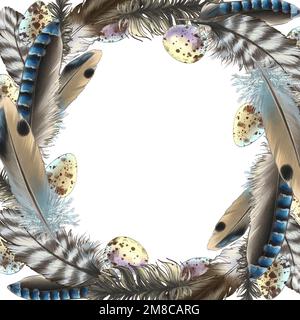 Belle piume e uova con macchie e strisce in un armonioso schema colore di toni contenuti in varie composizioni Foto Stock