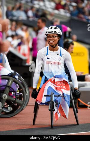 Kare Adenegan, medaglia di bronzo 400m T34 al Campionato Mondiale di Para Athletics 2017 allo Stadio Olimpico di Londra, Regno Unito. Bandiera Union Jack Foto Stock