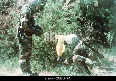 Due soldati che indossano attrezzi MOPP (Mission-Oriented Protective Posture) di livello IV posizionano dei marcatori per designare un'area contaminata. Paese: Sconosciuto Foto Stock