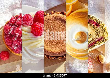 Vista dall'alto di diversi dolci (crostate di limone, cioccolato e lampone, involtini di meringa e torta Pavlova) come collage alimentare. Foto Stock