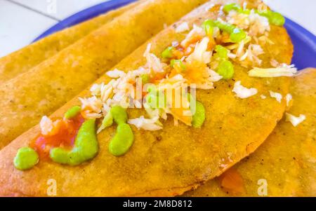 Empanada messicana con cavolo e salsa calda su sfondo bianco piatto blu da Playa del Carmen in Messico. Foto Stock