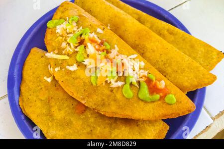 Empanada messicana con cavolo e salsa calda su sfondo bianco piatto blu da Playa del Carmen in Messico. Foto Stock