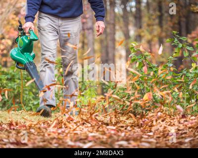 Uomo che usa un soffiatore elettrico per soffiare le foglie autunnali dal prato. Lavoratore paesaggio che sgomberano la caduta lascia dal cortile residenziale. Foto Stock