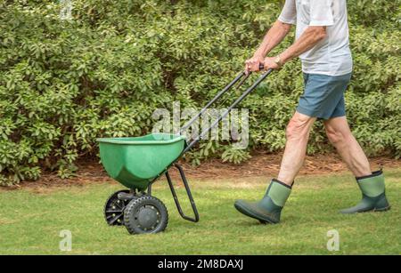 Uomo semina e fertilizzazione prato residenziale cortile con spanditore manuale semi da prato. Foto Stock