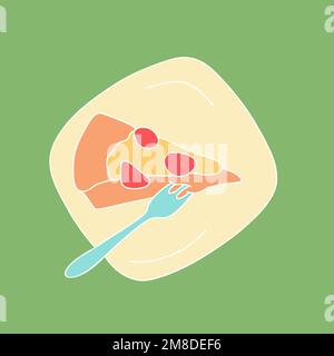 Torta di mele o frutti di bosco sul piatto con forchetta. Vista dall'alto della deliziosa torta di dodle. Illustrazione vettoriale a colori. Illustrazione Vettoriale