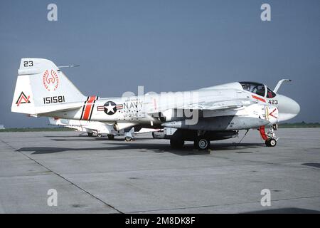 Una vista laterale destra di un aereo Intruder KA-6D Intruder dello Squadrone di attacco 304 (VA-304) parcheggiato sulla linea di volo. Base: Naval Air Facility, Andrews Afb Stato: Maryland (MD) Paese: Stati Uniti d'America (USA) Foto Stock