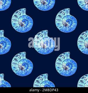 Blu spirale ammonite fossile molluschi ripetizione senza giunture su sfondo scuro. Foto Stock