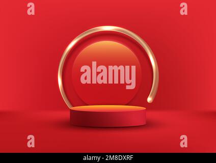 3D elegante e realistico podio rosso o piedistallo con sfondo a cerchio con linea dorata su sfondo rosso moderno stile minimal di lusso. Dis. Prodotto Illustrazione Vettoriale