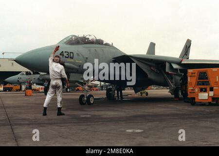US Navy (USN) Aviation Electricisians Mate, AIRMAN (AEAN) White, Fighter Squadron 124 (VF-124), Naval Air Station (NAS) Miramar, esegue il controllo prima del volo di accettazione F-14D al NAS Miramar. Base: Naval Air Station, Miramar Stato: California (CA) Paese: Stati Uniti d'America (USA) Foto Stock