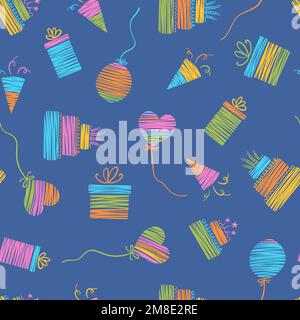 Divertente festa disegnata a mano sfondo senza giunture con torte, scatole regalo, palloncini e decorazione di partito. Ideale per feste di compleanno, tessuti, striscioni, wallpap Illustrazione Vettoriale