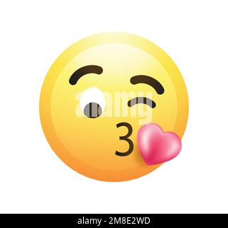 Illustrazione vettoriale di alta qualità su sfondo bianco. Emoji con cuore di bacio volante. Un bacio di emoji di faccia giallo. Illustrazione Vettoriale